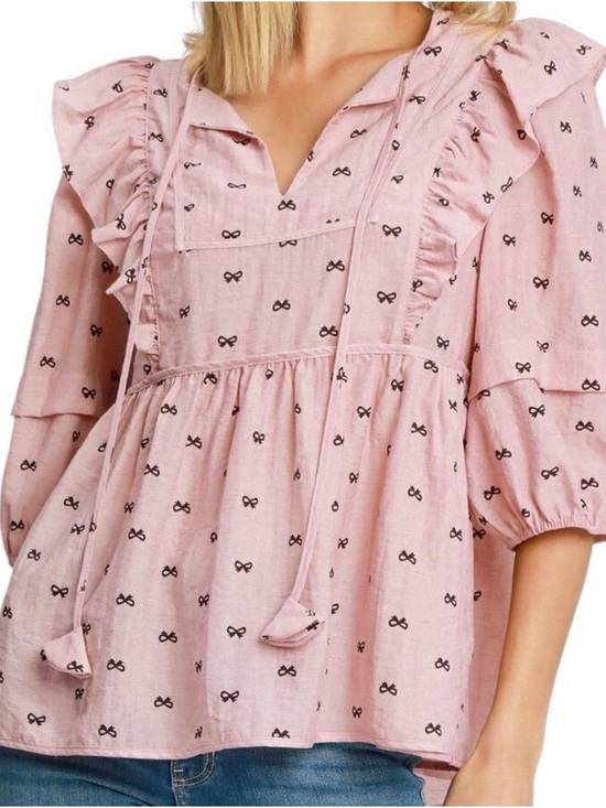 Umgee Tops - Umgee Mauve Pink Ruffle Bow-Print Top